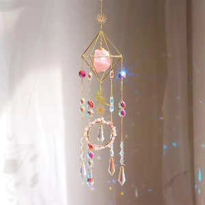 Crystal Suncatcher Hanging Ornament Rose Quartz Raw Stone Rainbow Maker Prism Geometric Gold Metal Fairy Butterfly Window Decor