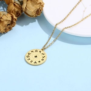 Macro view of gold zodiac compass pendant necklace with hexagram cutout detail