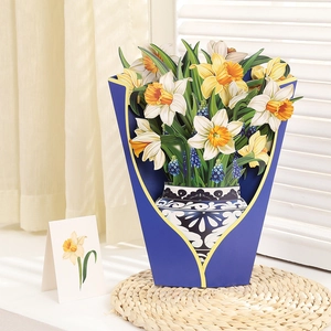 3D popup greeting card with paper daffodils and hyacinths in a blue floral paper vase