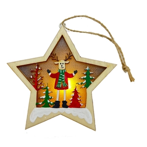 Star-shaped wooden Christmas lantern detail with LED deer and tree landscape inside