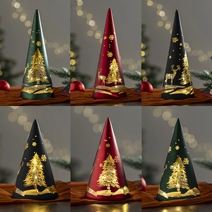 Conical LED Christmas glass lantern with gold deer and snowflake patterns in three colors