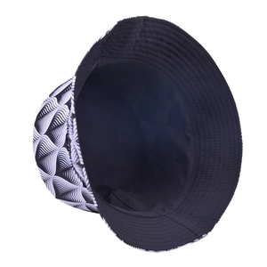 Reversible bucket hat with black and white wave geometric print and wide brim