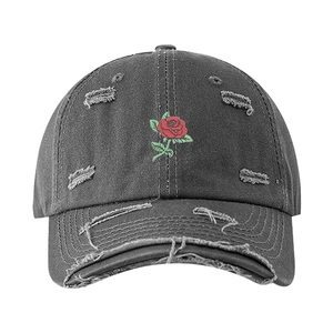 Distressed charcoal baseball cap with red rose embroidery and vintage torn details