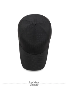 Top view of black mesh baseball cap showing breathable holes and sporty fabric detail