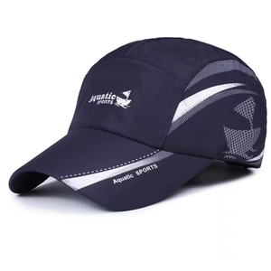 Detail view of navy blue Aquatic SPORTS quick-dry hat with gray mesh pattern