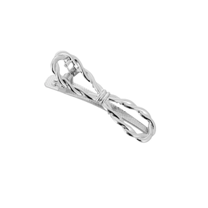 Minimalist silver twist metal hair clip with textured alligator grip on white background