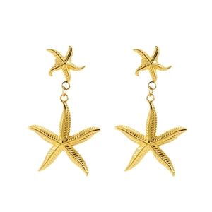 Elegant gold starfish drop earrings featuring small stud connected to large textured pendant