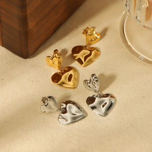 Stainless Steel Double Heart Dangle Drop Earrings 18K Gold Plated Irregular Hammered Texture Fashion Jewelry For Women