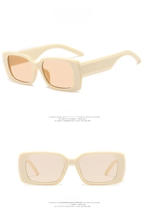 Front and side view of beige rectangular sunglasses with light tea tinted lenses