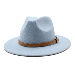 Detail of light blue wool fedora hat featuring a brown snakeskin band and gold buckle