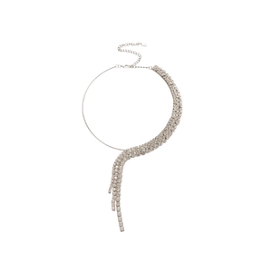 Elegant silver tassel collar necklace with sparkling rhinestones in an asymmetrical design
