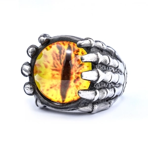 Gothic punk dragon eye ring in stainless steel with yellow claw and oxidized finish