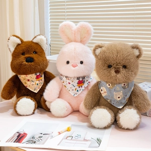 Adorable plush animal toys set including a pink rabbit and brown bears with scarves