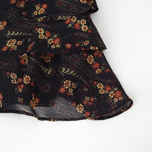 Elegant French floral chiffon dress with ruffle layers in black paisley print