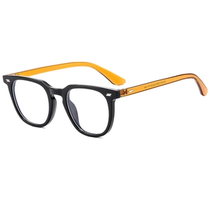 Fashionable square anti-blue light glasses with black frames and amber yellow temples