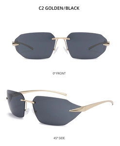 Front and side views of rimless geometric sunglasses with grey lenses and gold metal frames