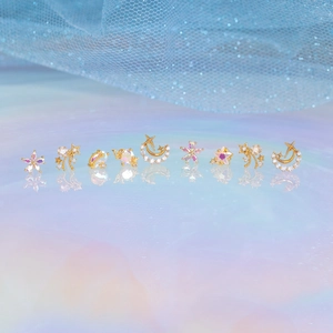 Star and moon stud earrings set with 18K gold plating and colorful zircon insets