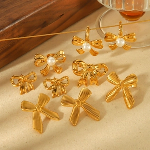 Stainless Steel Bowknot Earrings And Adjustable Open Rings And Bracelet For Women Artificial Pearl Zircon Trendy Fashion Jewelry