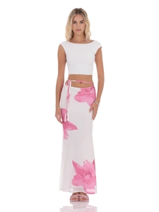 Women's two-piece summer set with white crop top and floral print mesh maxi skirt