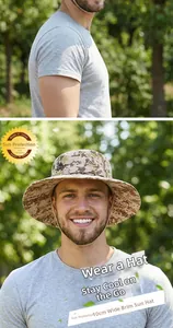 Tactical desert camo bucket hat with 10cm wide brim and metal mesh side vents for hiking