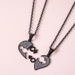Couples heart puzzle necklace set in black metal with Mars and Venus symbols