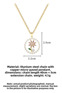 Detail view of floral pendant necklace with pearls and zircon crystals in 2.9cm x 2.2cm