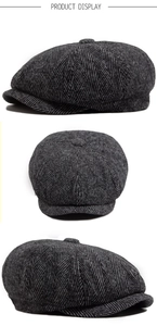 Three-view display of grey herringbone newsboy cap showing texture and retro wool style