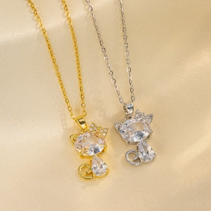 Cute Cat Pendant Necklace Stainless Steel Micro Paved Rhinestone Gold Silver Plated Jewelry For Women Girls Daily Gift