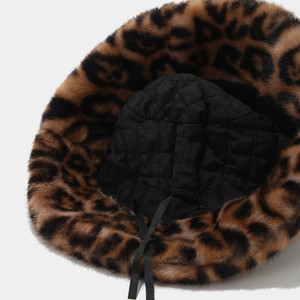 Faux fur leopard print bucket hat with warm quilted lining and adjustable drawstring