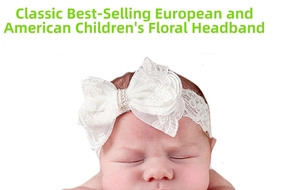 Detail of a white lace baby headband with rhinestone bow on an infant model