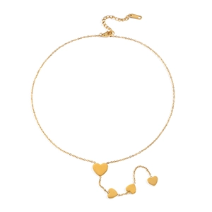 Detailed view of a gold stainless steel Y-necklace with five tiered heart pendants