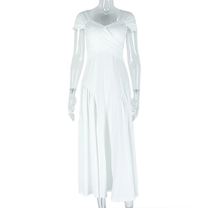 Detail of elegant white V-neck pleated maxi dress with a flattering slim fit design