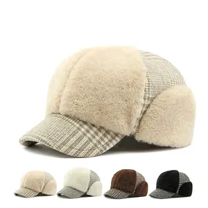 Winter Trapper Hat For Women With Ear Flaps Houndstooth Plaid Faux Fur Lining Warm Thick Plush Baseball Cap Style