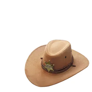 Chapeau de cowboy Shérif en daim camel avec insigne d'étoile dorée et bord tressé