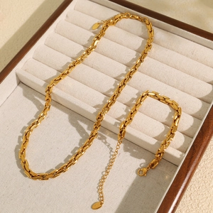 Minimalist 18k gold plated titanium necklace and bracelet set in bamboo style design