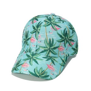 Blue baseball cap with flamingo and palm tree prints for summer beach wear