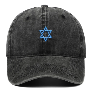 Washed black denim baseball cap featuring blue Star of David embroidery and vintage finish