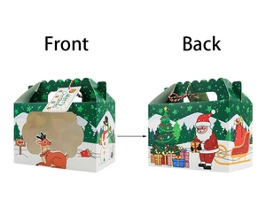 Detail of Christmas gift box with handle and clear window showing front and back views