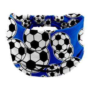 Blue elastic sports headband featuring a seamless black and white soccer ball pattern