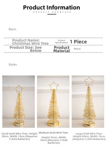 Detailed size comparison of golden wire Christmas tree ornaments with star top and LED base