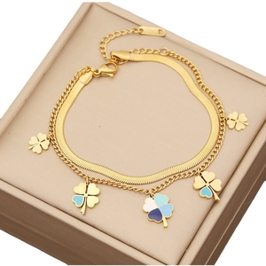 Double-layered golden stainless steel clover necklace with blue enamel flower charms