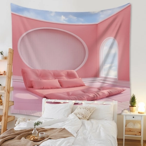 Detail of bohemian pink 3D surrealist wall tapestry hanging over a bedroom bed set