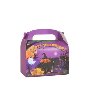 Purple Halloween paper treat box with Happy Halloween text and festive pumpkin prints