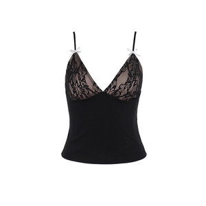 Haut caraco sexy en dentelle noire pour femme avec petit nœud blanc et bretelles fines
