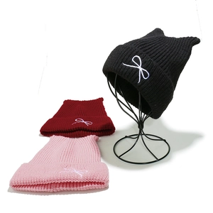 Women's knit beanie with cute cat ears and bow embroidery in black, red and pink