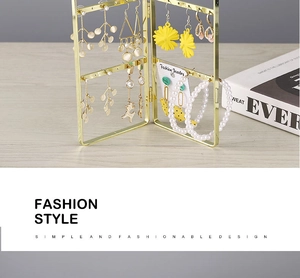 Foldable golden iron jewelry stand with multiple hooks for earrings and necklaces