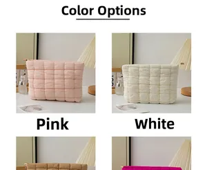 Detailed view of quilted puffer cosmetic bags with zipper in pink and white colors