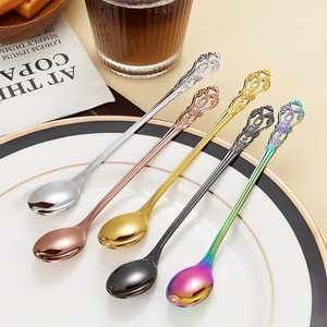 Set of five vintage style stainless steel spoons in silver rose gold and rainbow finishes