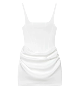 Detail of white satin sleeveless mini dress showing draped pleats and smooth fabric texture