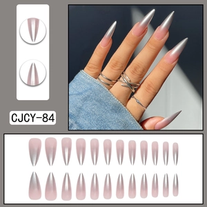 Pink to silver gradient stiletto press-on nails set with metallic glossy finish
